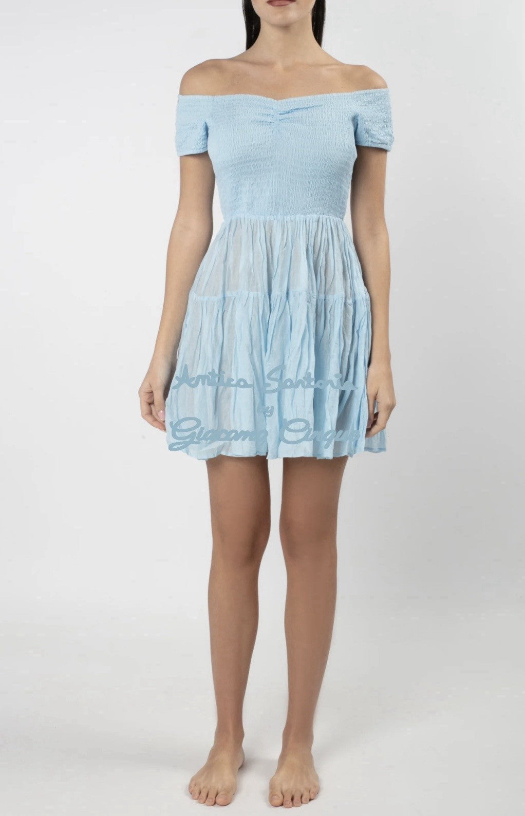 Antica Sartoria 2025 Smocked Off Shoulder Sky Blue Dress Nwt O/S