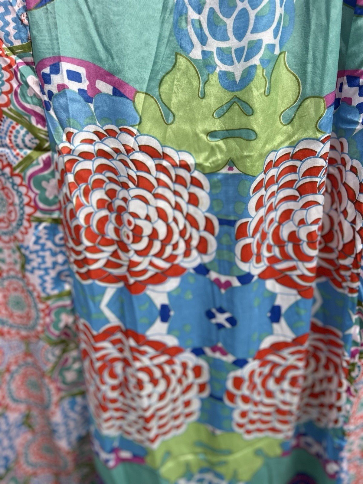 ANTICA SARTORIA 2024 AQUA COLORFUL FLOWER LONG MUMU/KAFTAN/DRESS NWT OS