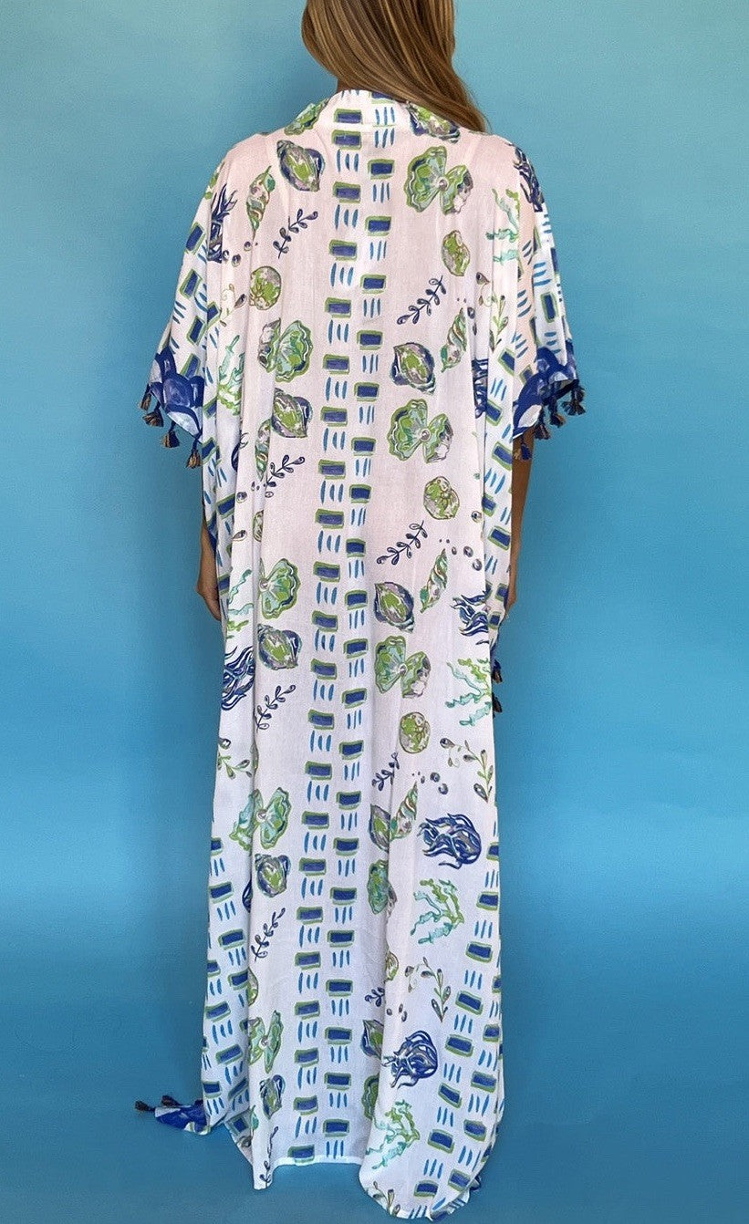 ANTICA SARTORIA 2024 BLUE GREEN & WHITE CLAMS MUMU/DRESS/KAFTAN NWT O/S Last One