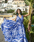 Antica Sartoria 2026 Blue & White V Neck & Back Dress O/S Nwt