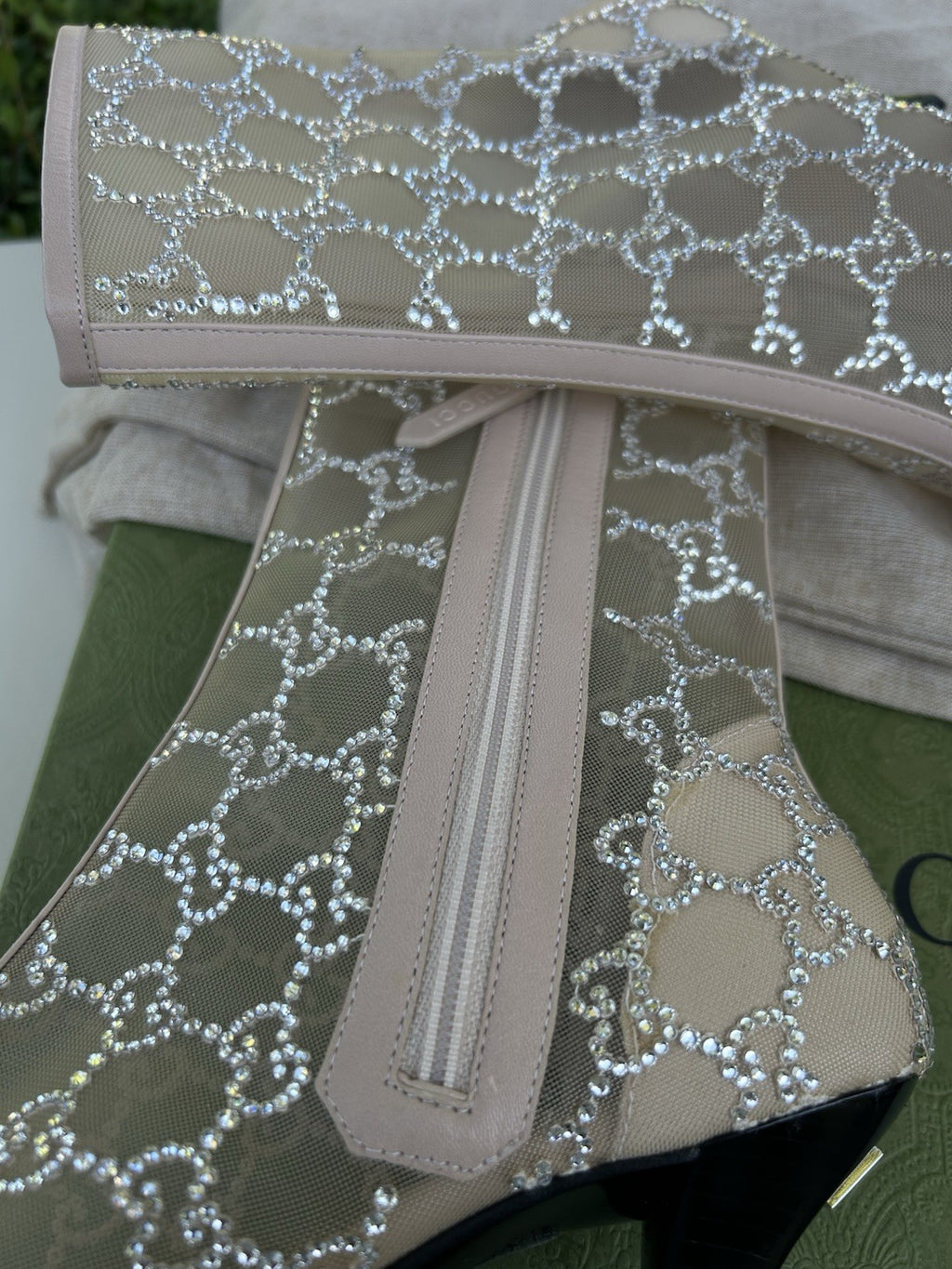 Gucci Demi Crystal Mesh Ankle Boots Glitter Beige Size EU-37.5 NIB