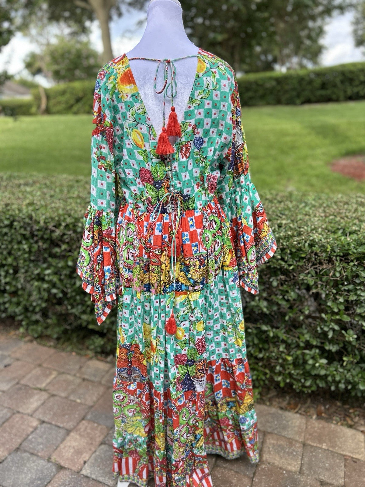 Antica Sartoria 2024 Gorgeous Print Green & Red Long Beaded V Neck Dress NWT O/S
