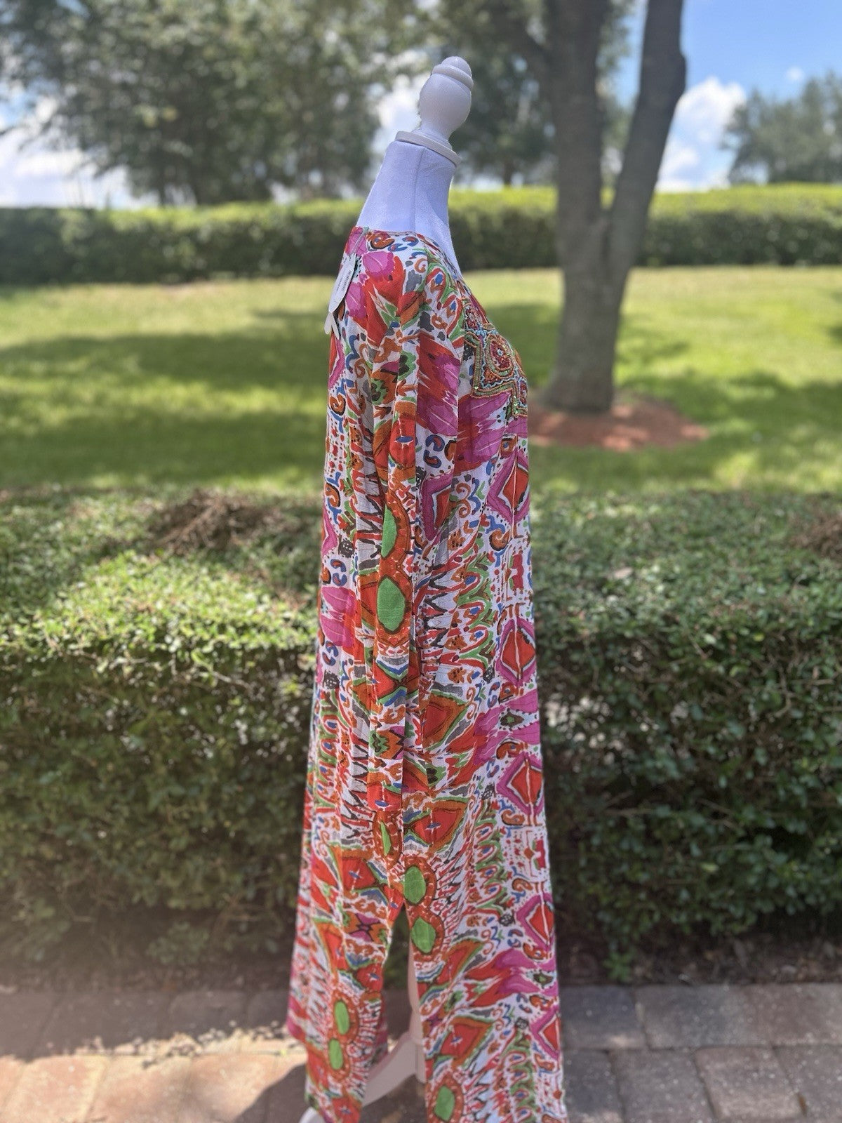 Antica Sartoria 2024 Pink & Orange Evil Eye Long V Neck Beaded Kaftan Mumu S/M