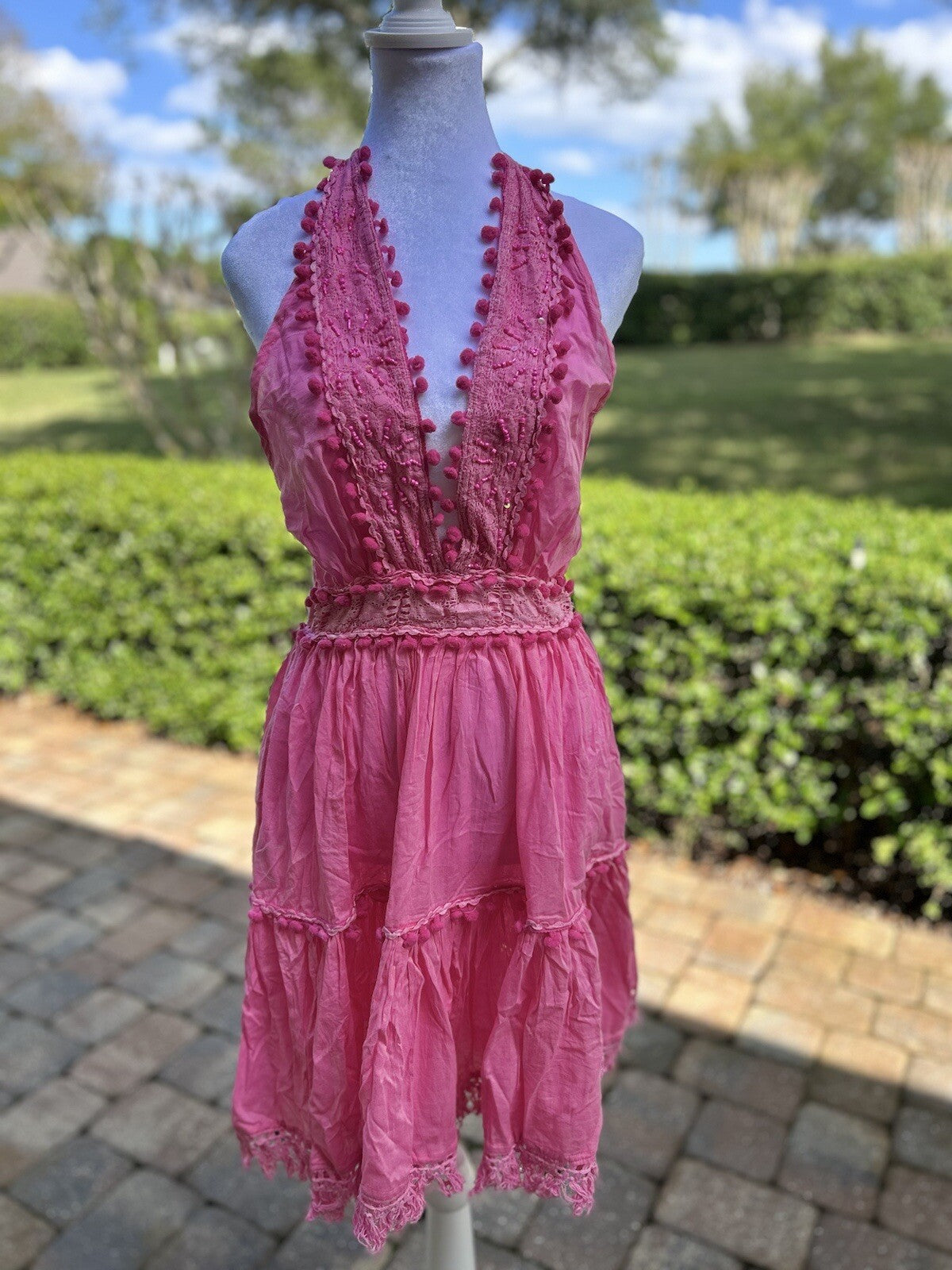 Antica Sartoria Pink Lace Beads Halter Top Backless Dress Nwt O/S
