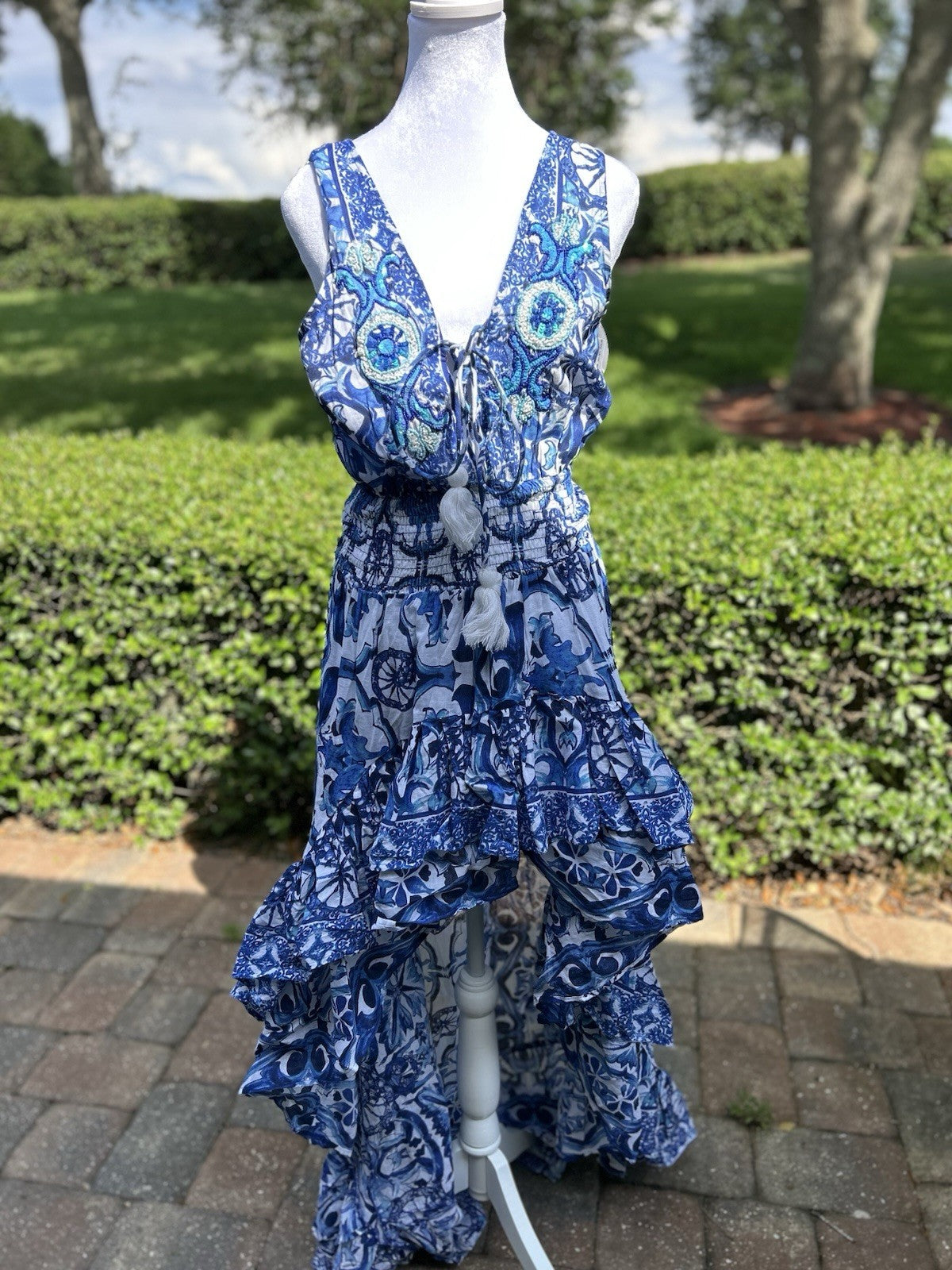 Antica Sartoria BLUE & WHITE Long Back Short Front Kaleidoscope Pattern NWT O/S