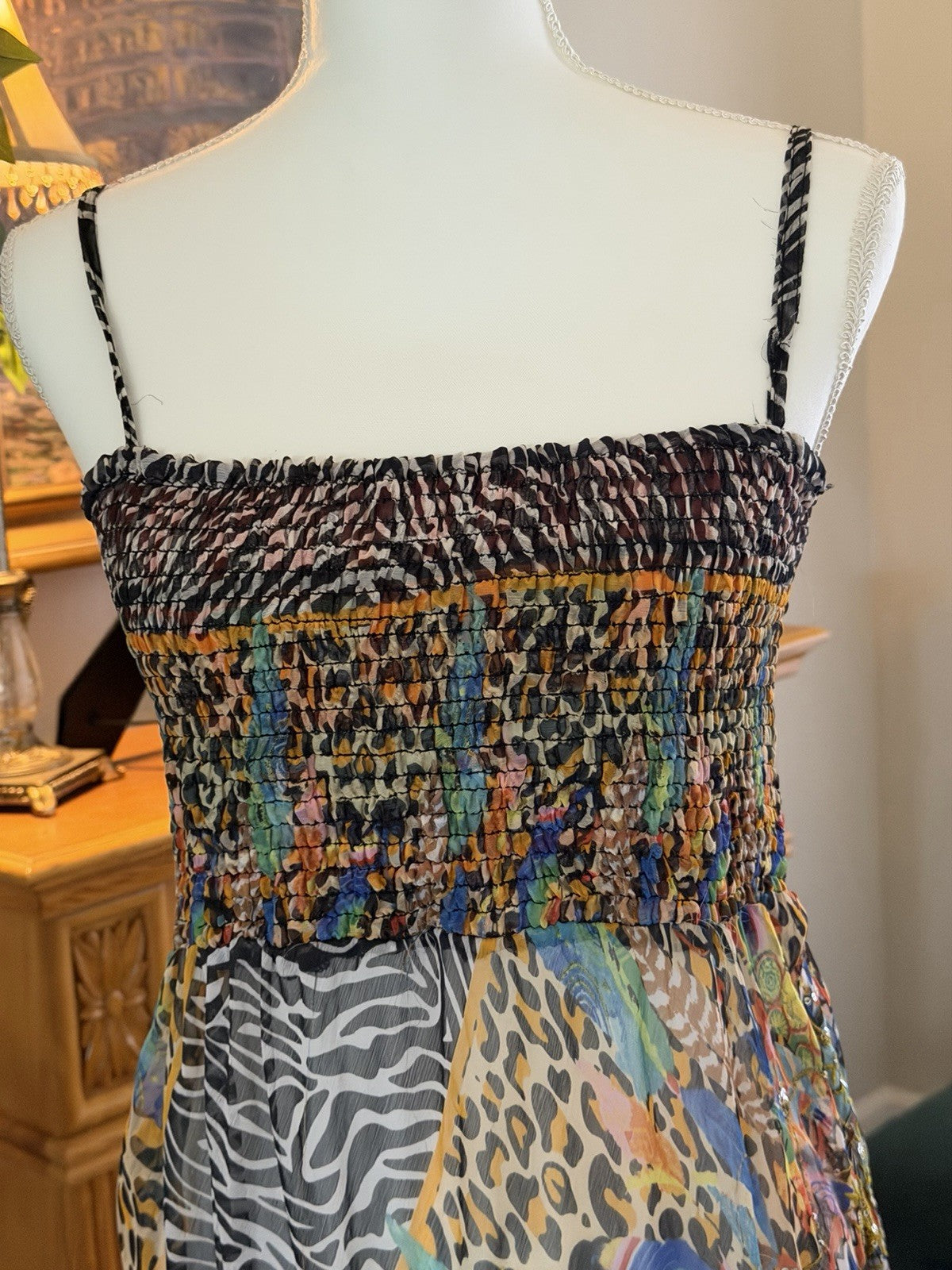 Antica Sartoria Smocked Top Sequins Long Animal Print Chiffon Dress O/S