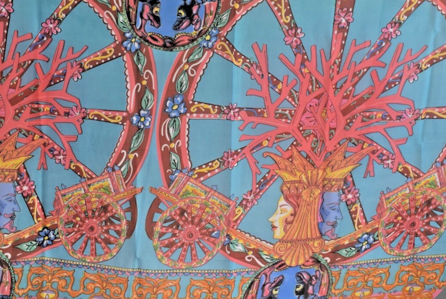 ANTICA SARTORIA BLUE RED SICILIAN WHEEL CORAL SCARF 40x70 NWT Pollychiffon
