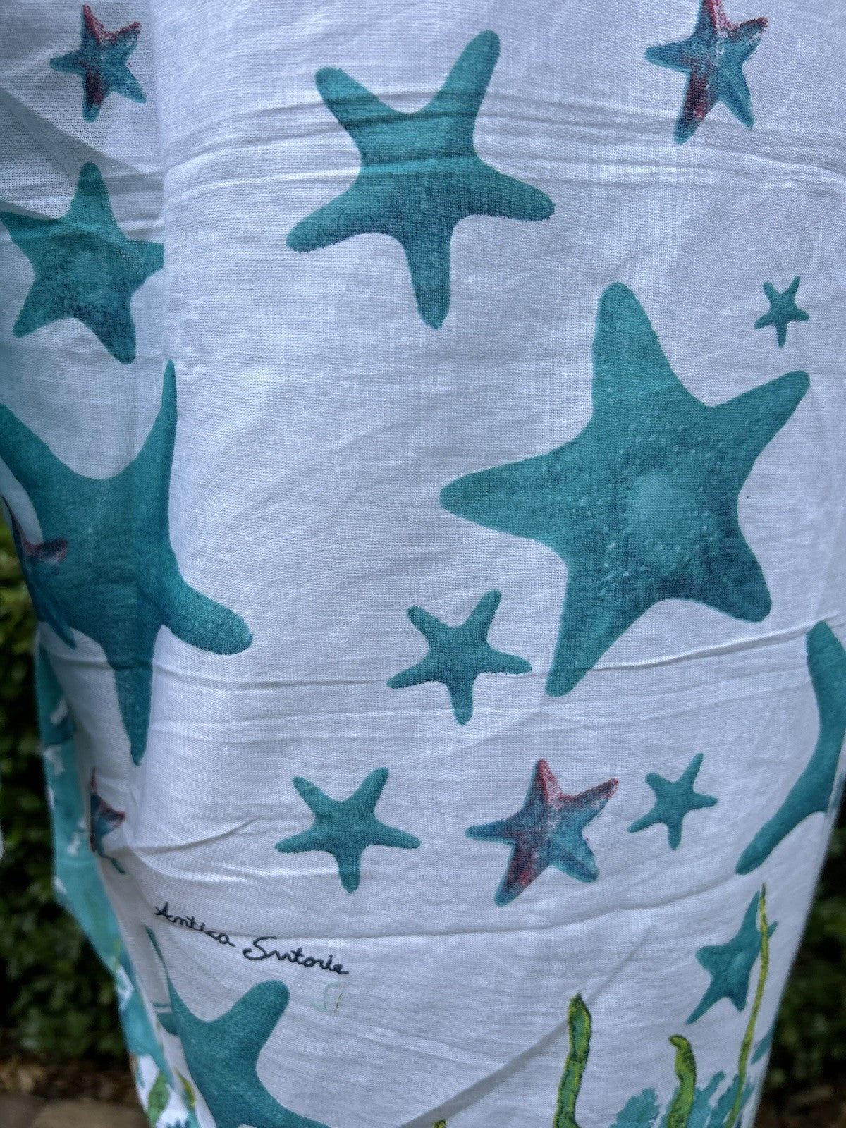 Antica Sartoria 2025 White & Blue Star Fish & Corals Tunic Kaftan Large NWT