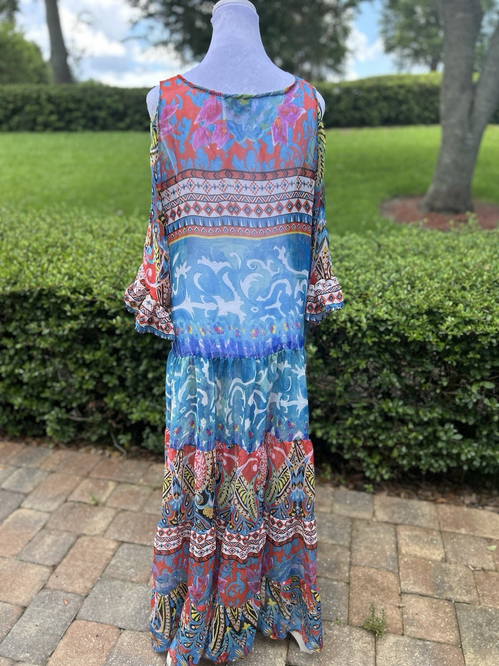 Antica Sartoria Long FLOWEY peek a boo sleeve Dress Blue & Pink Beautiful NWT OS