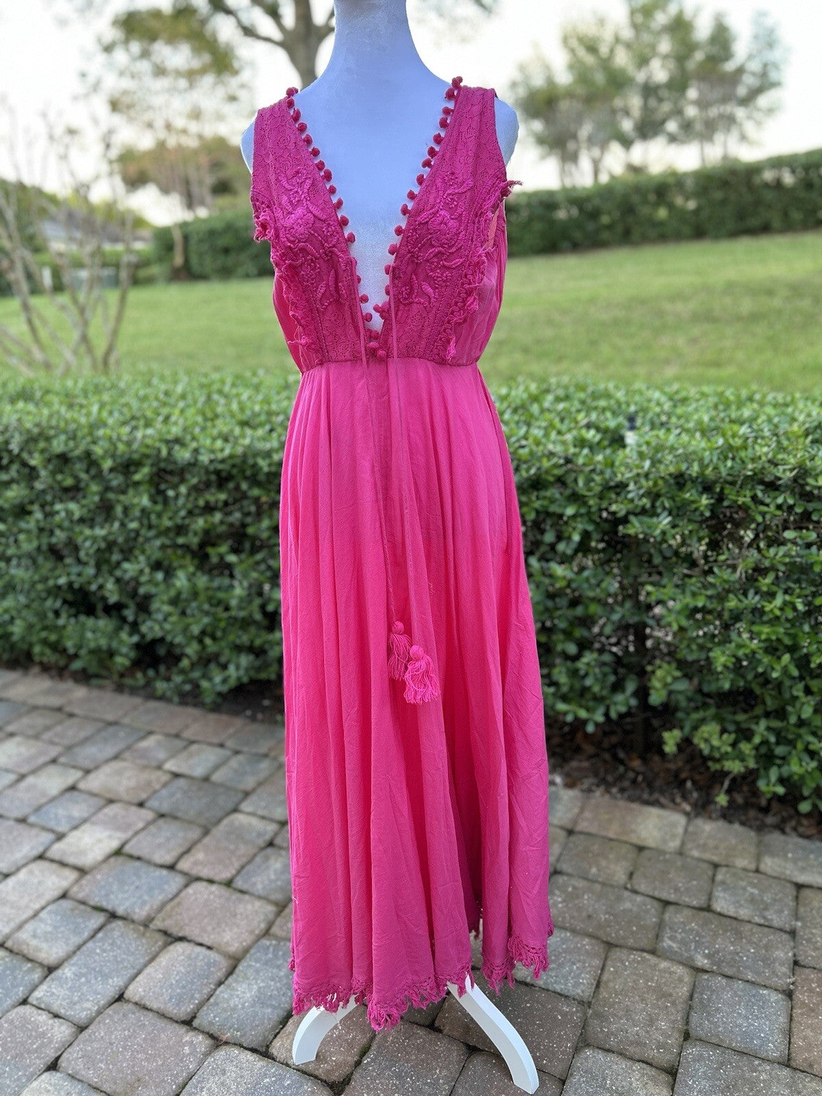 ANTICA SARTORIA PINK TIE FRONT & BACK V NECK DRESS POMPOM NWT O/S