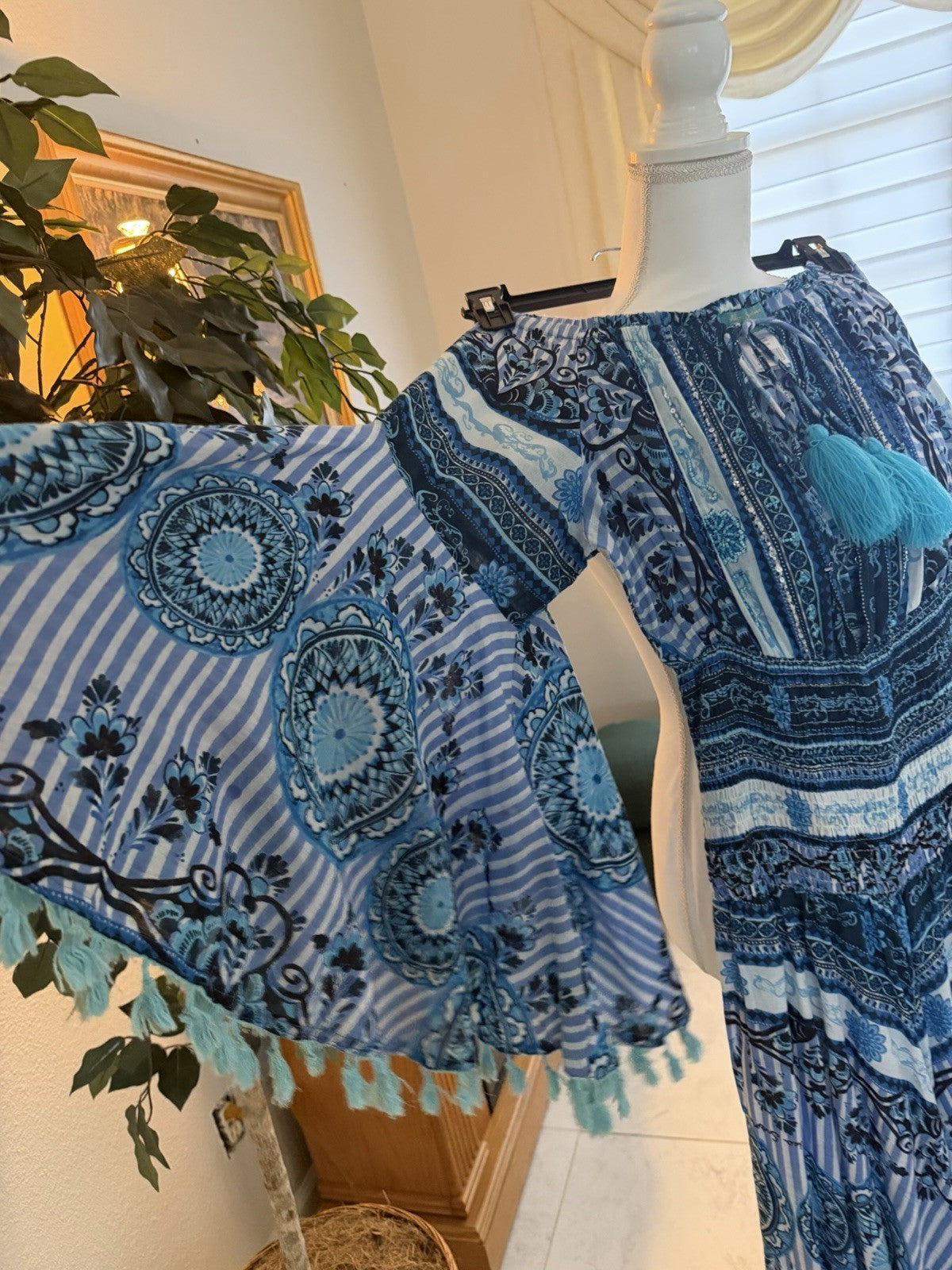 Antica Sartoria Off Shoulder Long Blue Aqua Stripes Romper NWT O/S