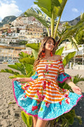 Antica Sartoria 2026 Orange & Blue Stripes & Flowers Off Shoulder Dress Nwt O/S