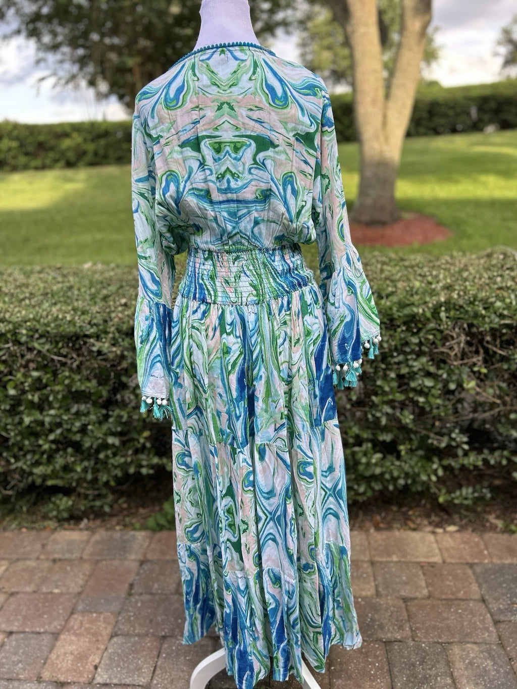 Antica Sartoria Aqua Blue White Swirl Print Long V Neck Beaded Dress NWT O/S