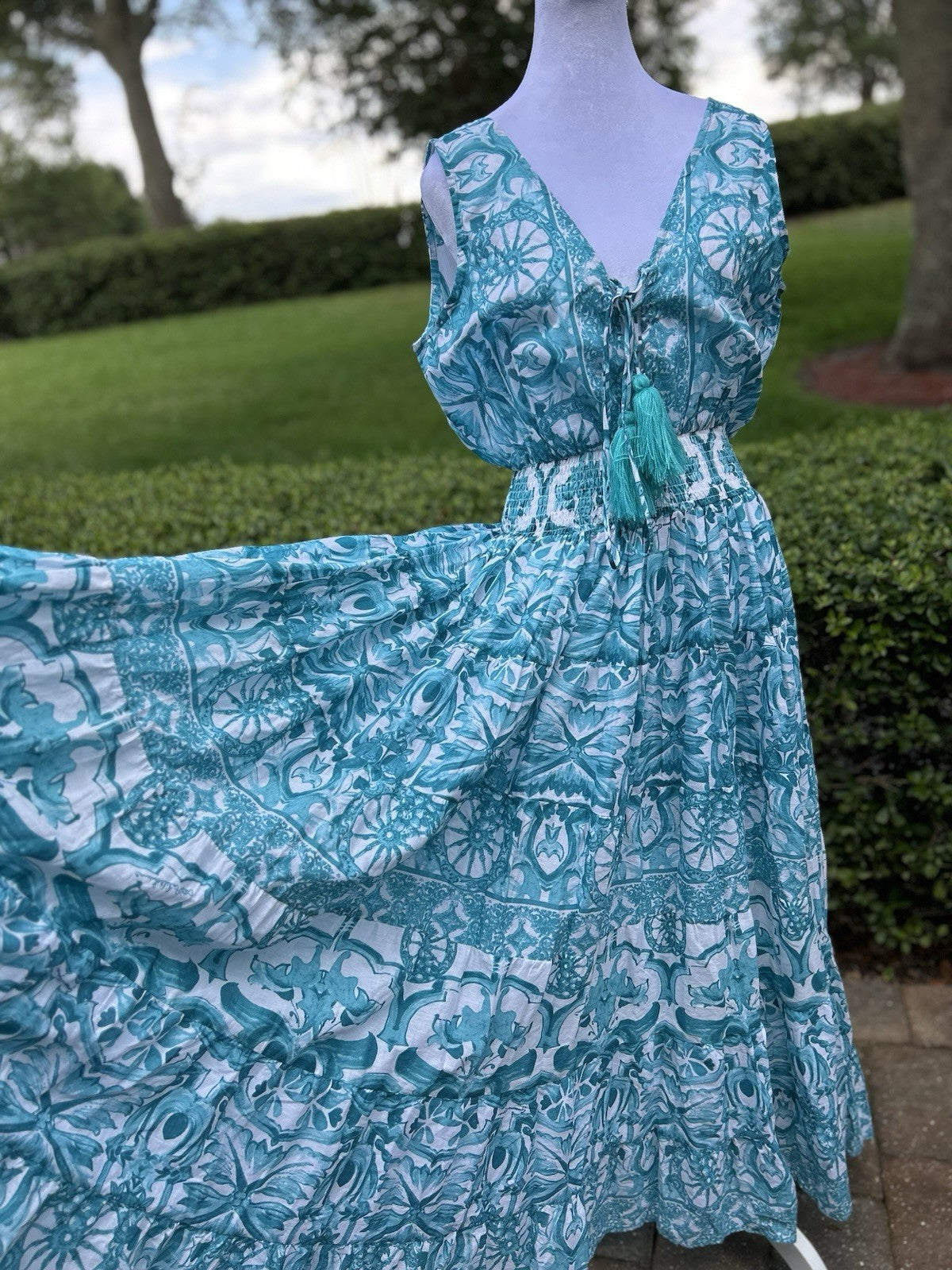 Antica Sartoria 2024 Aqua & White Beautiful Long Dress V-Neck NWT O/S