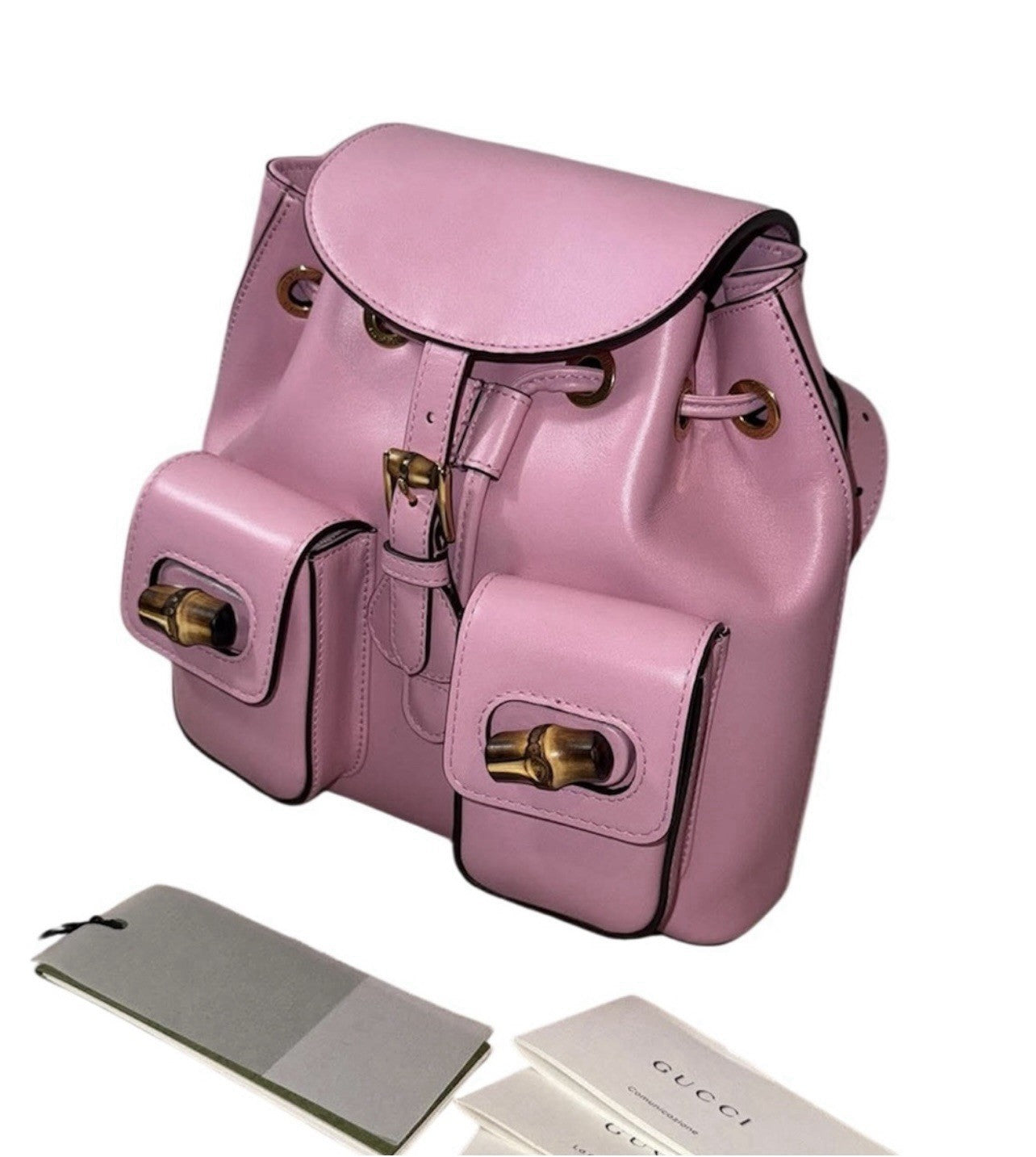 Gucci Bamboo Backpack Daypack Smooth Leather Pink Gold Metal Fittings