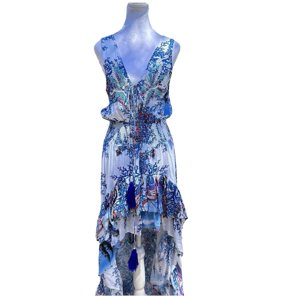 Antica Sartoria Long Back Short Front Blue & White Corals V Neck V Back Dress OS
