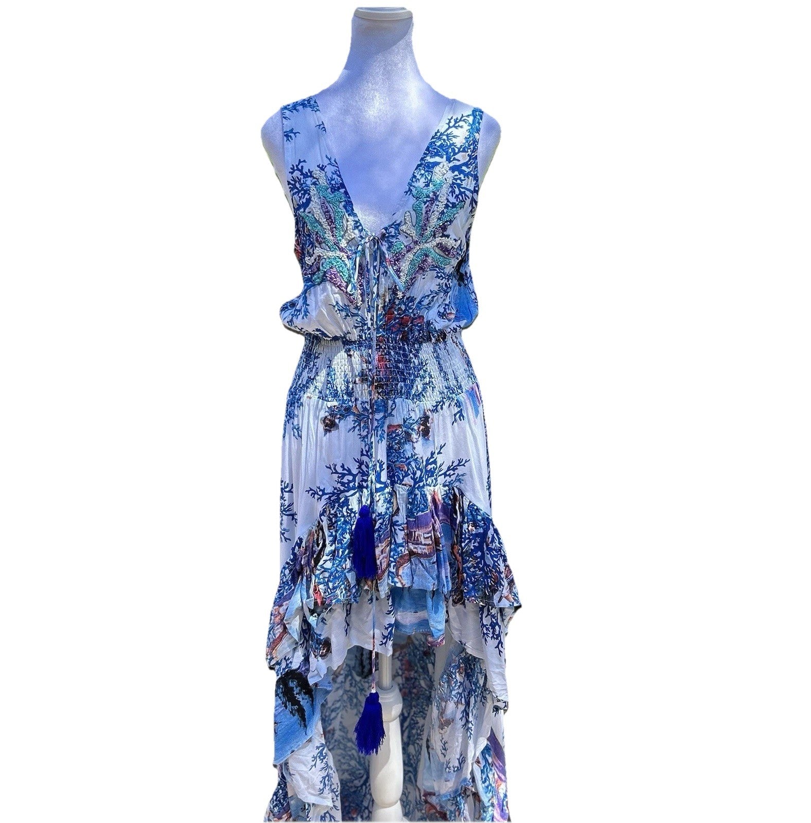 Antica Sartoria Long Back Short Front Blue & White Corals V Neck V Back Dress OS
