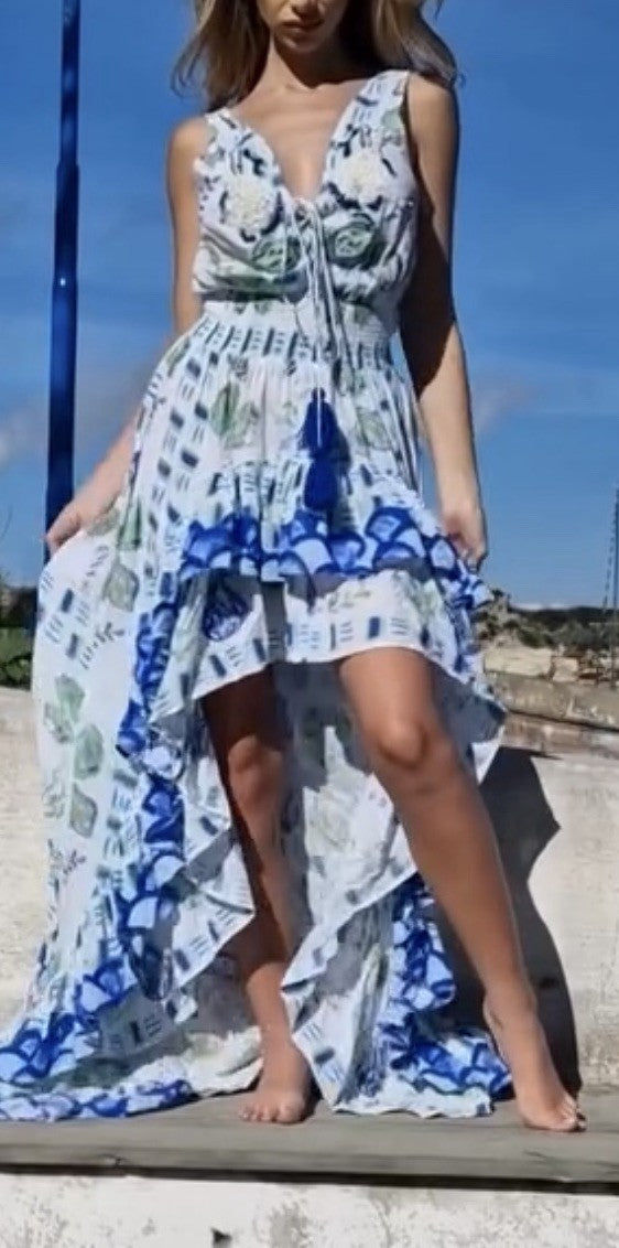 ANTICA SARTORIA 2024 Blue Green V NECK FRONT & BACK  LONG SHORT IN FRONT DRESS