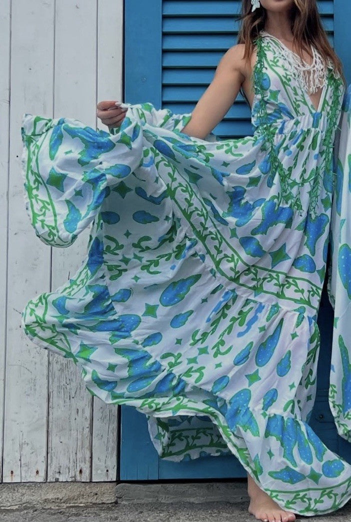 Antica Sartoria 2025 Blue Green White Halter Top Dress NWT O/S