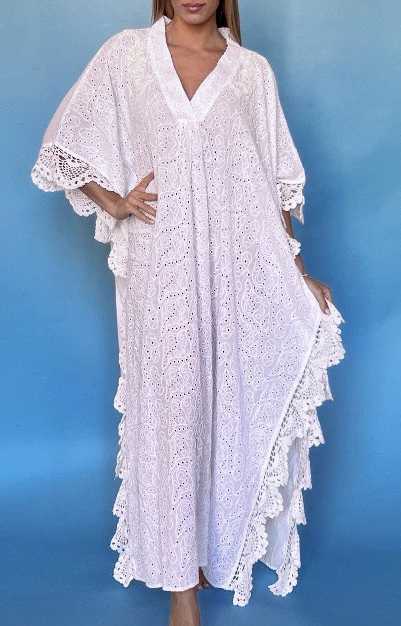ANTICA SARTORIA White With Beading Long Kaftan /dress /mumu Beautiful NWT OS/XXL