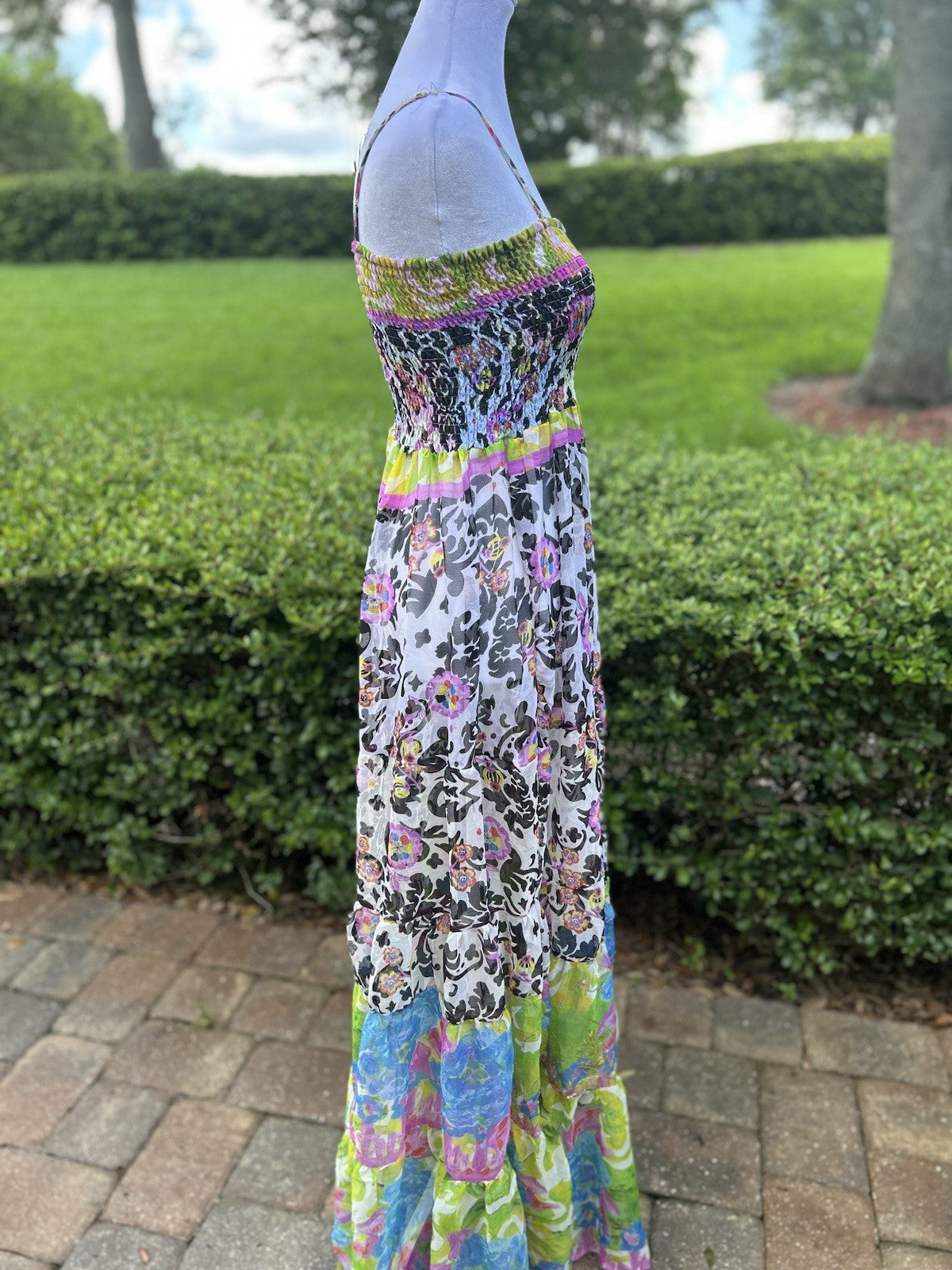 Antica Sartoria Lime & Pink Blue Fun print STRAPPY  Smocked Top Dress NWT O/S