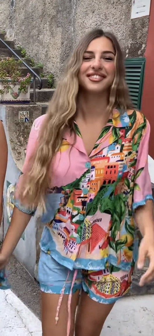 ANTICA SARTORIA 2025 CAPRI BY THE SEA GORGEOUS PINK / BLUE BLOUSE  & SHORTS SET