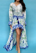 ANTICA SARTORIA CLAMS Blue Green White OFF SHOULDER LONG BACK SHORT FRONT DRESS