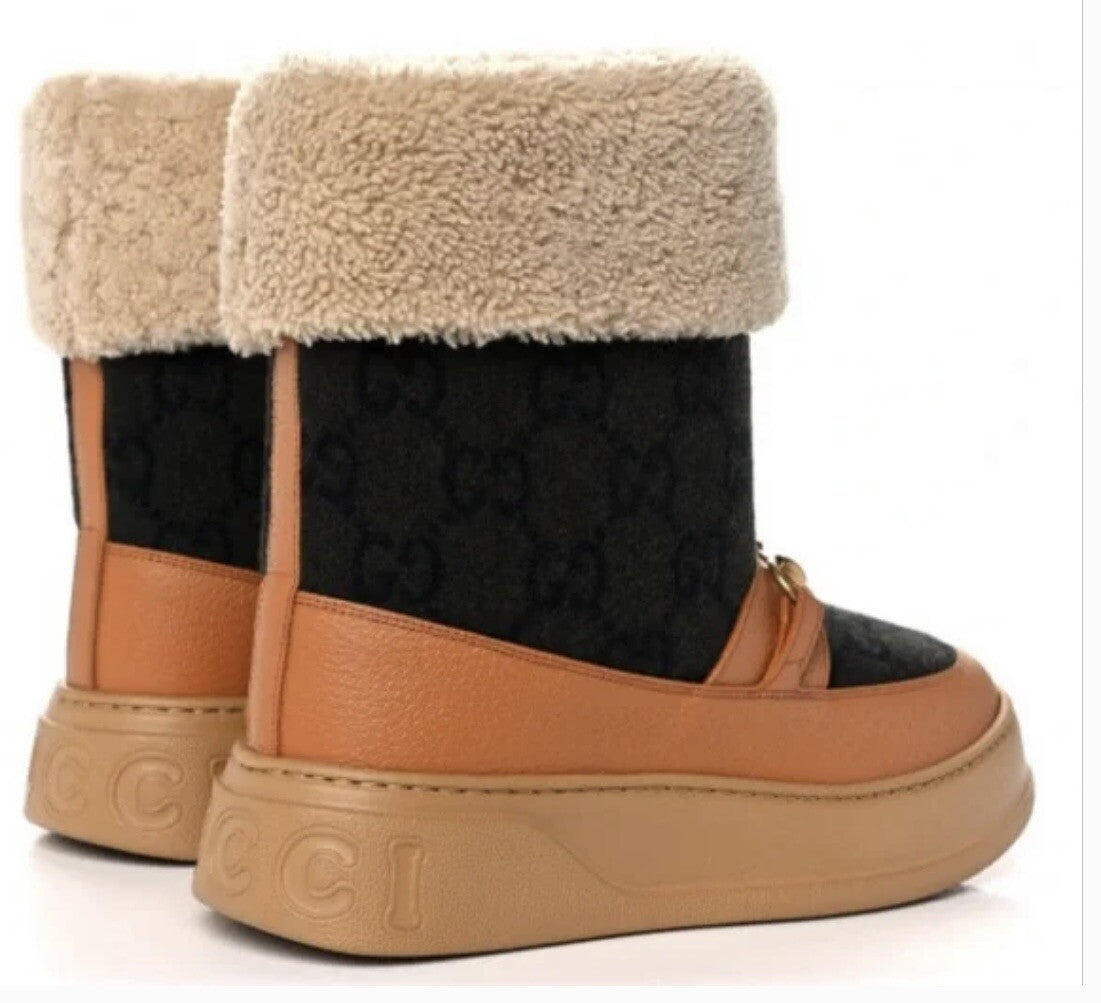 Gucci Interlocking GG Wool Monogram Shearling Boots Size 39+ NEW In BOX