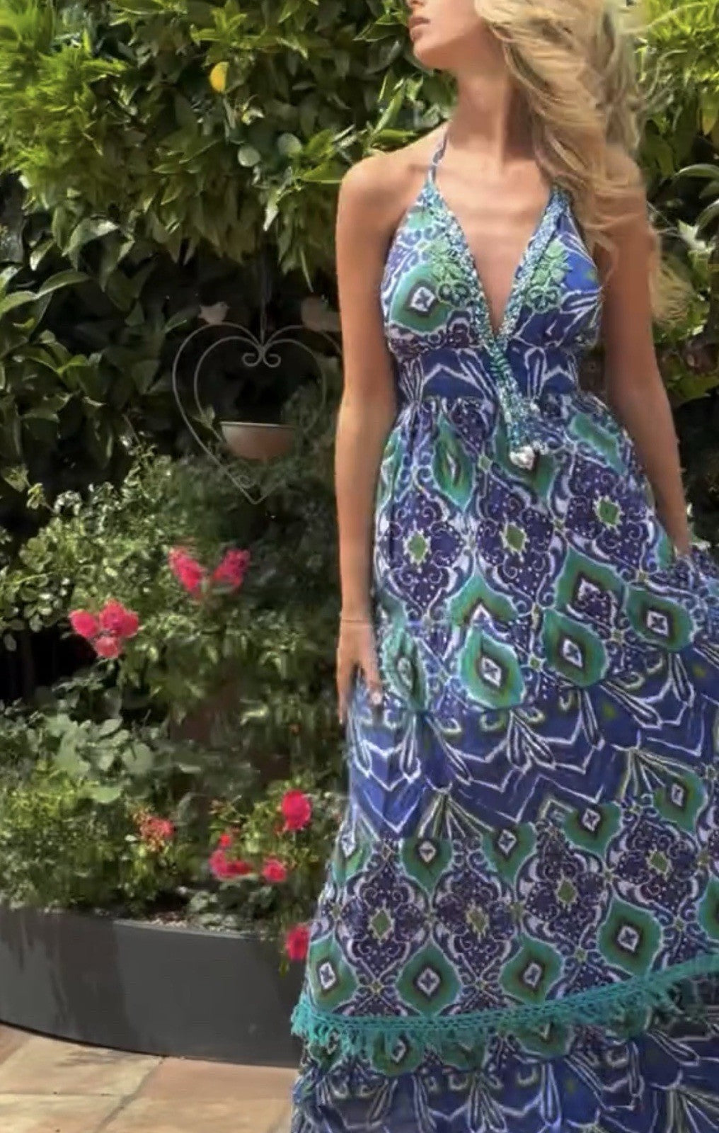Antica Sartoria 2024 Gorgeous Bead Work Long Blue Green V Neck Halter Dress NWT