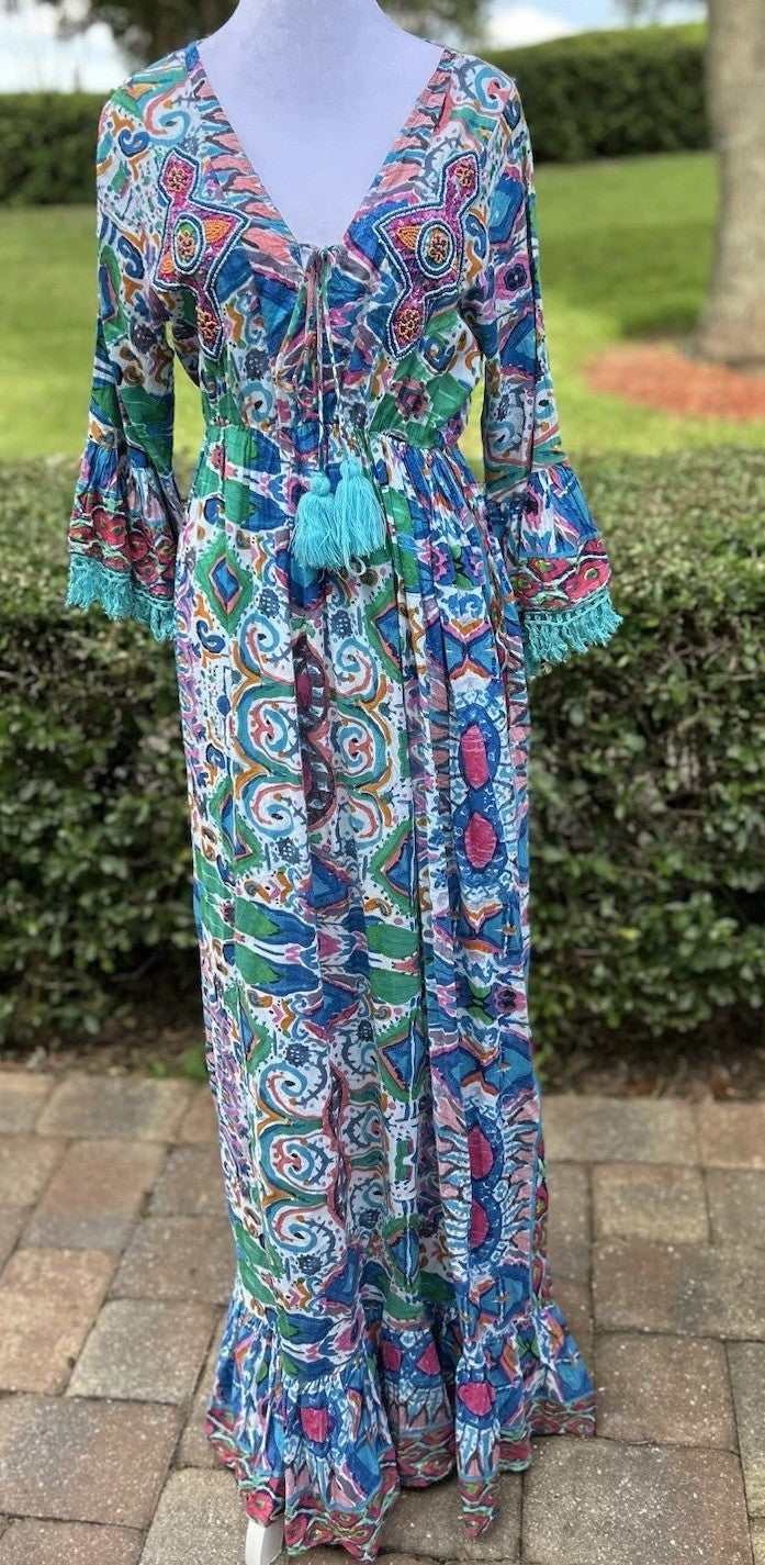 Antica Sartoria 2024 Blue Pink & White Evil Eye Long V Neck Beaded Dress NWT O/S