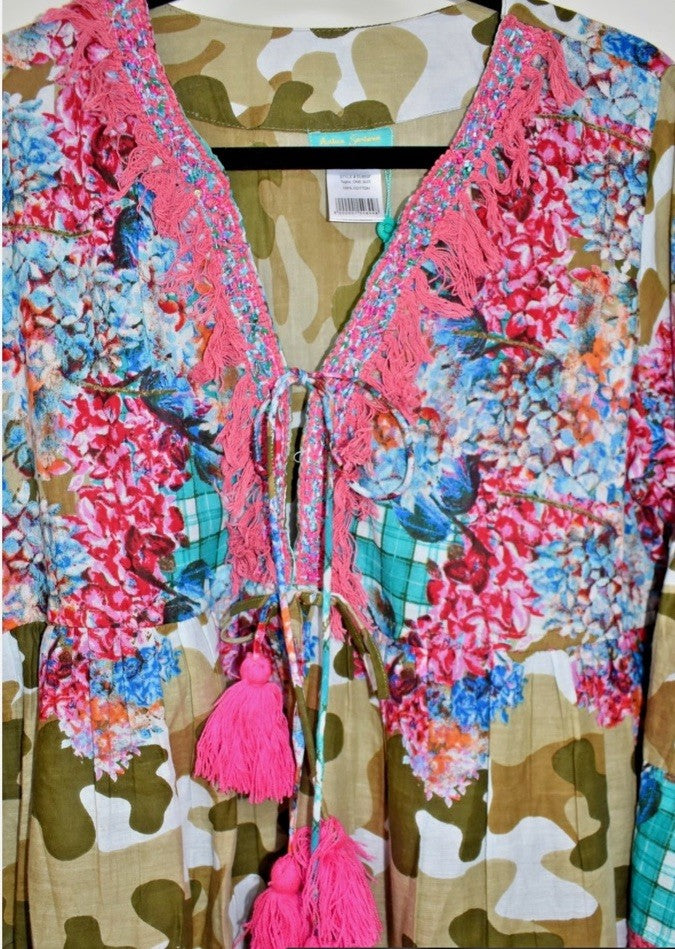 ANTICA SARTORIA 2024 CAMO & FLOWERS FUN PRINT FRONT V NECK DRESS NWT O/S