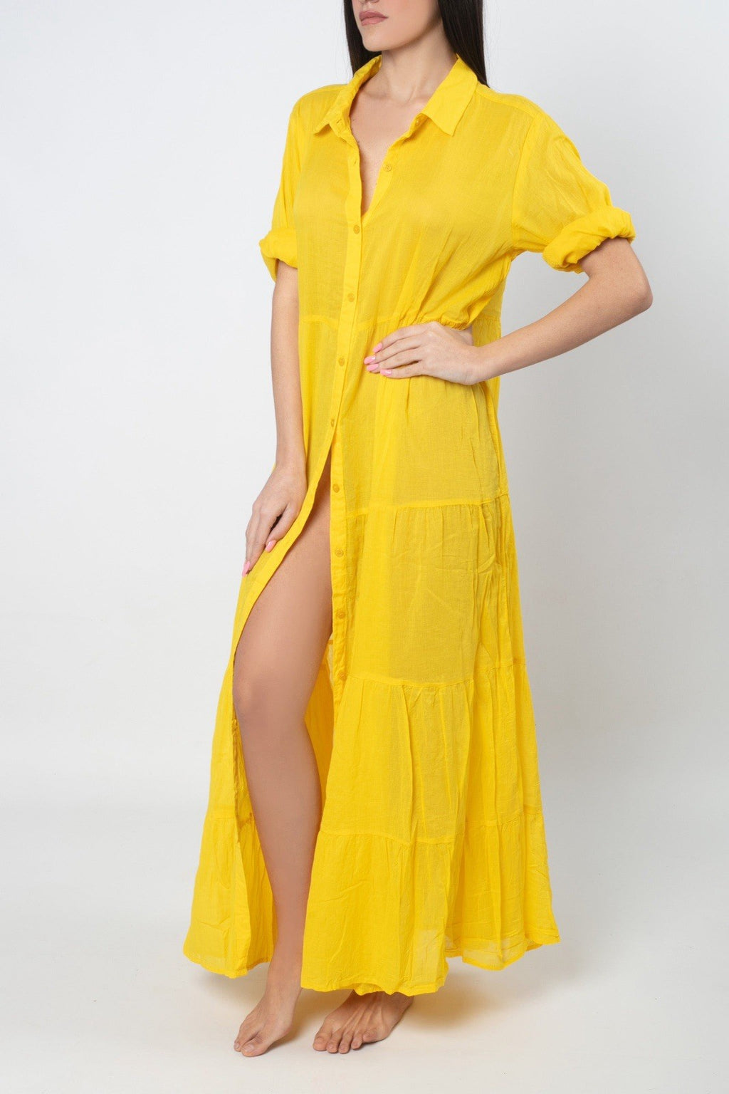 ANTICA SARTORIA 2025 YELLOW BUTTON DOWN LONG DRESS/MUMU KAFTAN NWT O/S