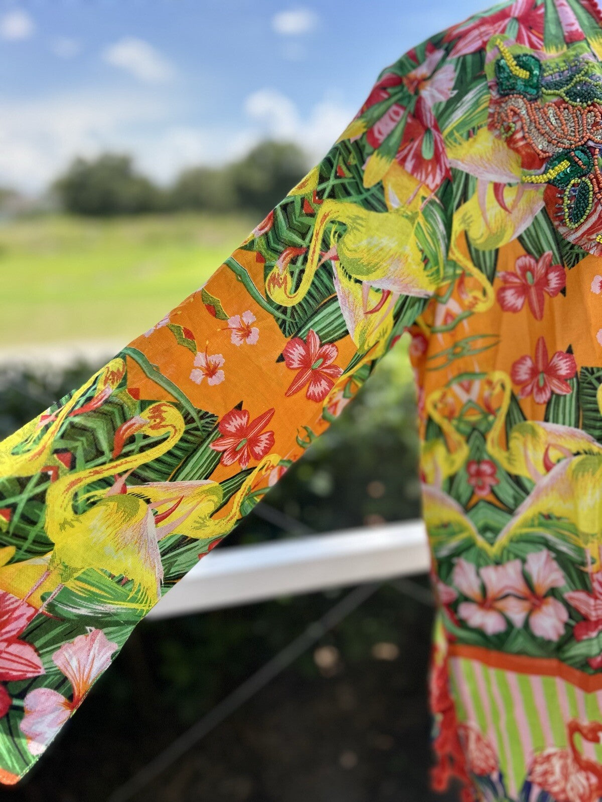 ANTICA SARTORIA YELLOW ORANGE GREEN FLAMINGO SEQUIN SHIRT  COVERUP S/M 🦩💛🧡💚