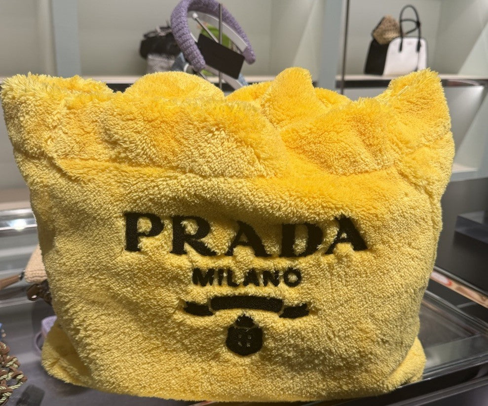 Prada Terry Lemon Yellow Beach Boat Party Tote Bag Black Logo New