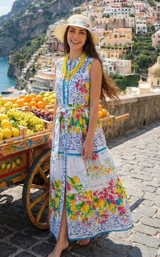 Antica Sartoria 2026 Long Belted Button Front Sleeveless Blue White Dress S/M