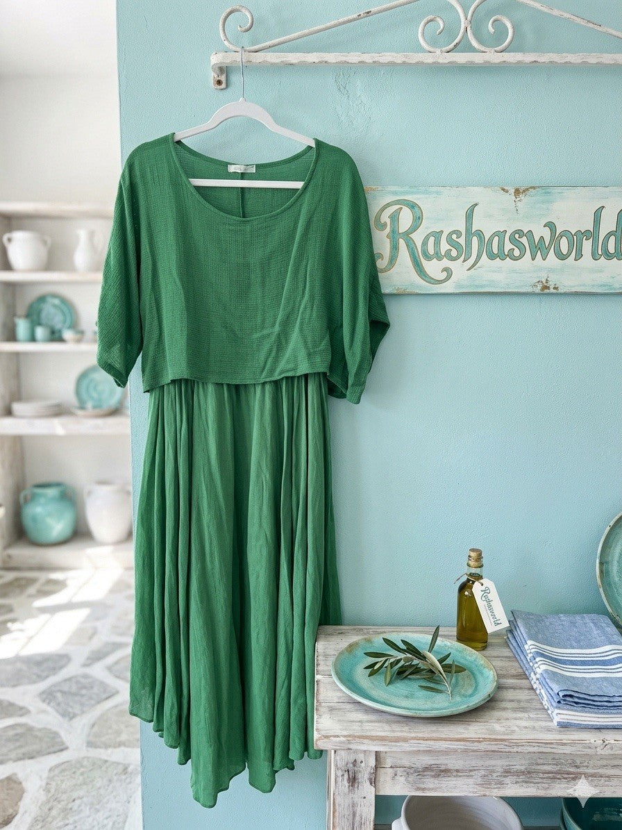 100% Cotton Rashasworld Green 2 Pcs Midi Dress Gorgeous Made In Italy O/S