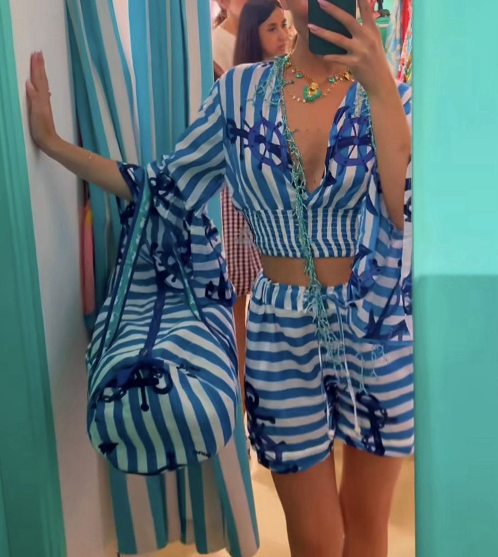 Antica Sartoria 2025 Blue & White Shorts Top 2 Pc Set NWT