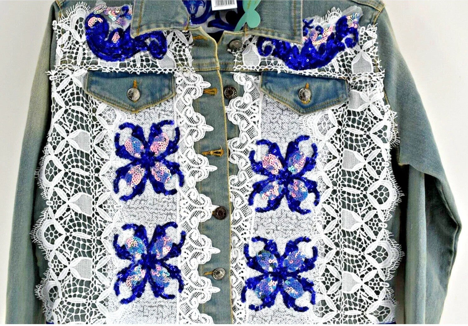 ANTICA SARTORIA 2024 BEAUTIFUL FLOWERS & LACE JEAN JACKET LARGE NWT