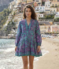 ANTICA SARTORIA 2026 PURPLE & AQUA 5 BUTTON CORAL & ARABESQUE DRESS NWT OS