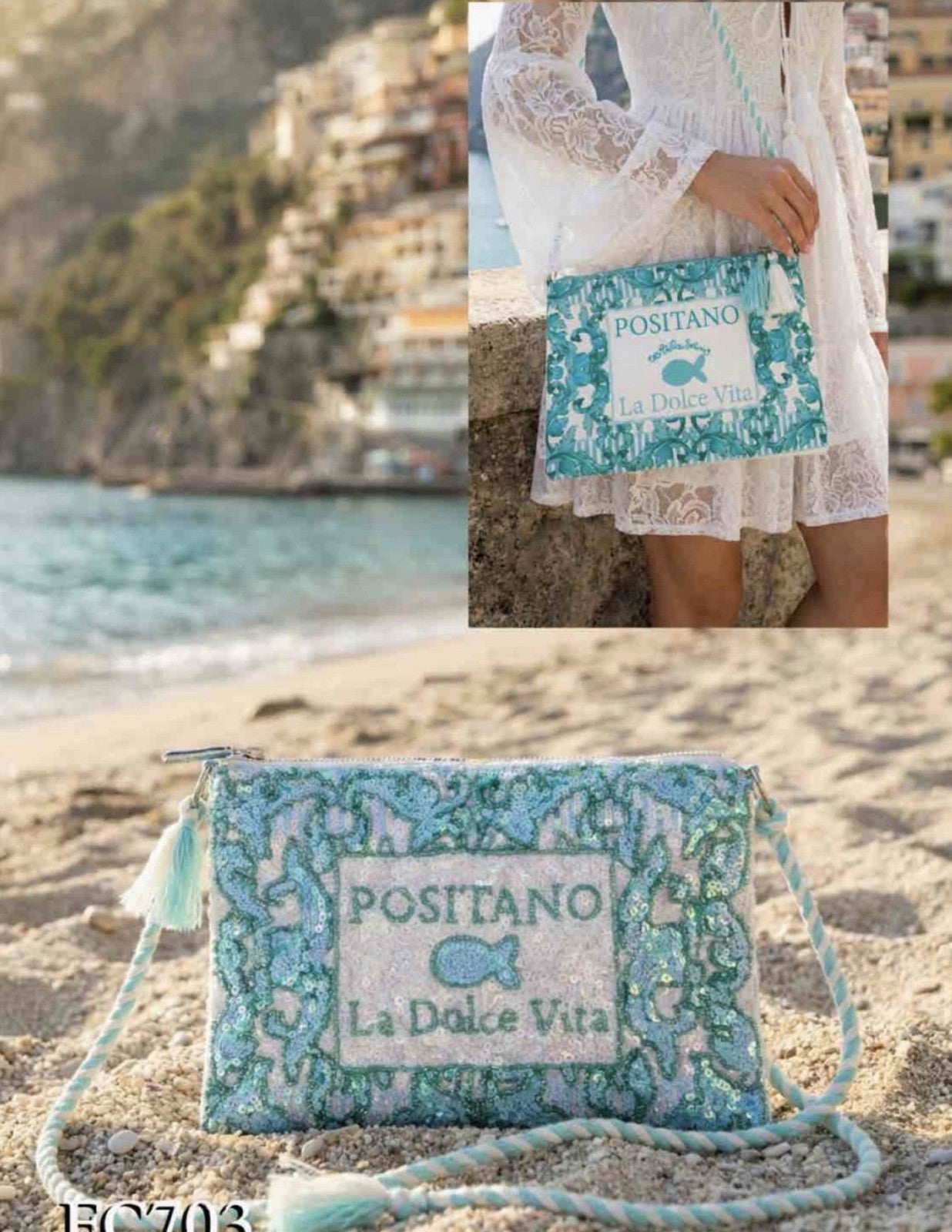 Antica Sartoria 2026 Aqua White Positano Beaded  Clutch Bag Gorgeous Blue