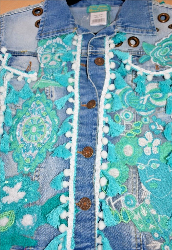ANTICA SARTORIA MEDIUM AQUA WITH FACES JEAN JACKET NWT
