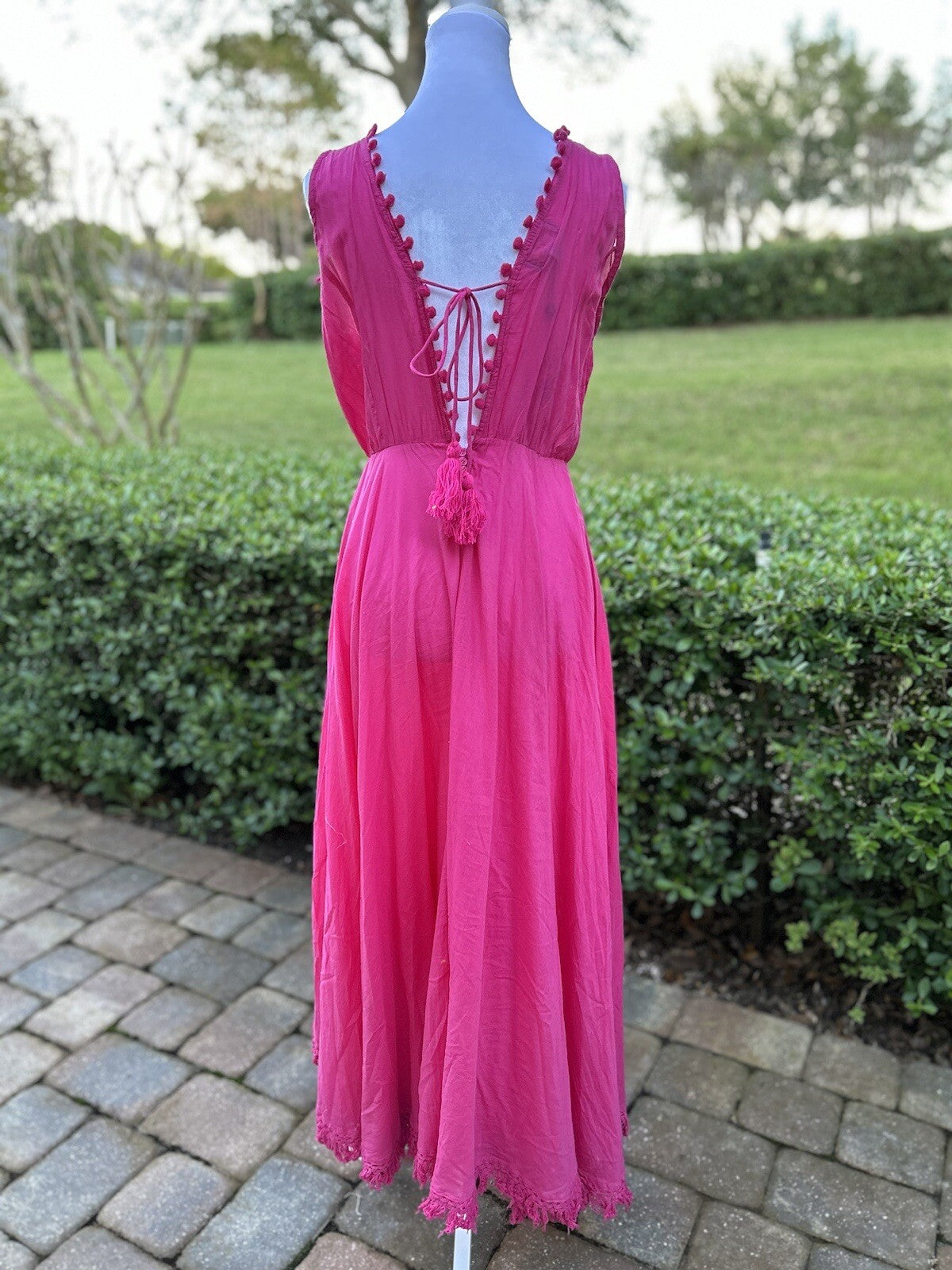 ANTICA SARTORIA PINK TIE FRONT & BACK V NECK DRESS POMPOM NWT O/S
