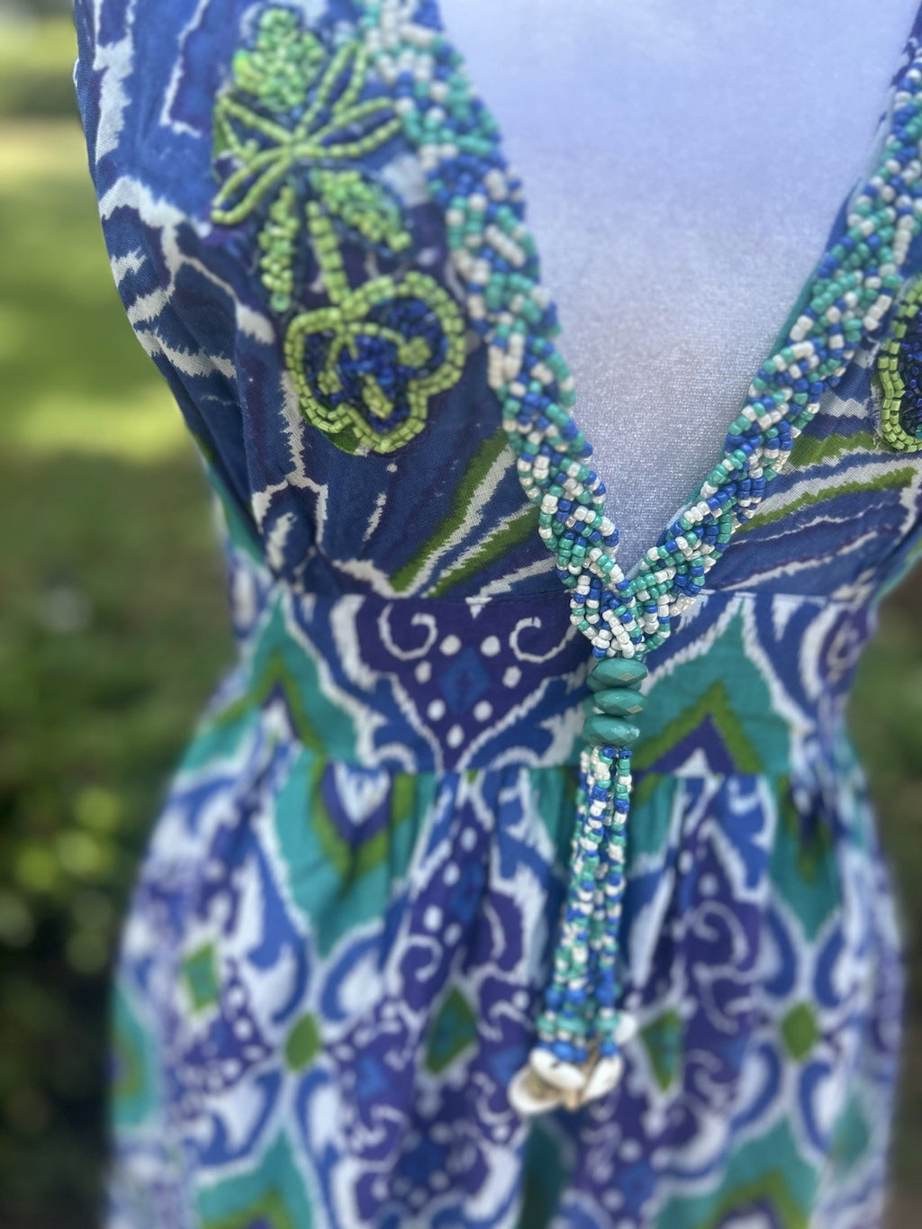 Antica Sartoria 2024 Gorgeous Bead Work Long Blue Green V Neck Halter Dress NWT