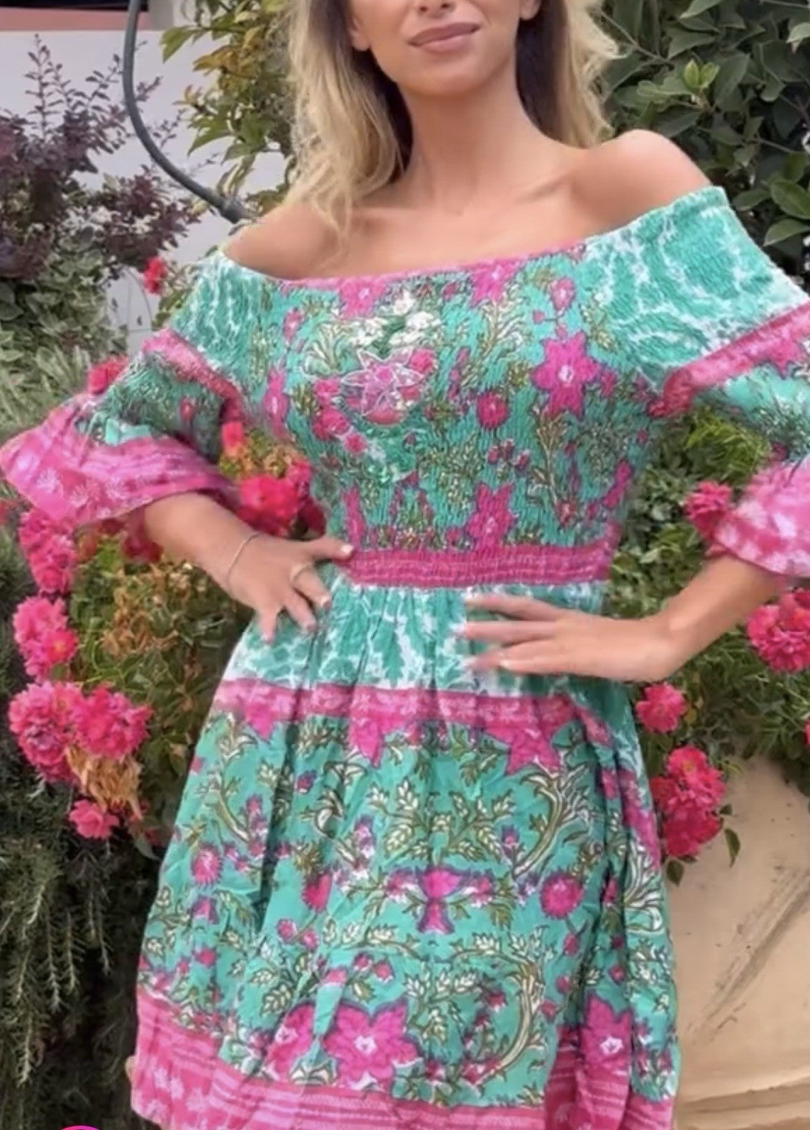 ANTICA SARTORIA 2024 AQUA GREEN & PINK OFF SHOULDER COTTON DRESS NWT O/S