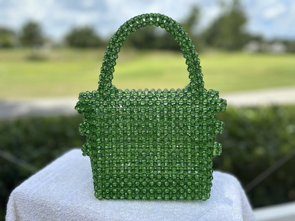 Green Crystal Flower Beads Gorgeous Bag Hand Made NEW