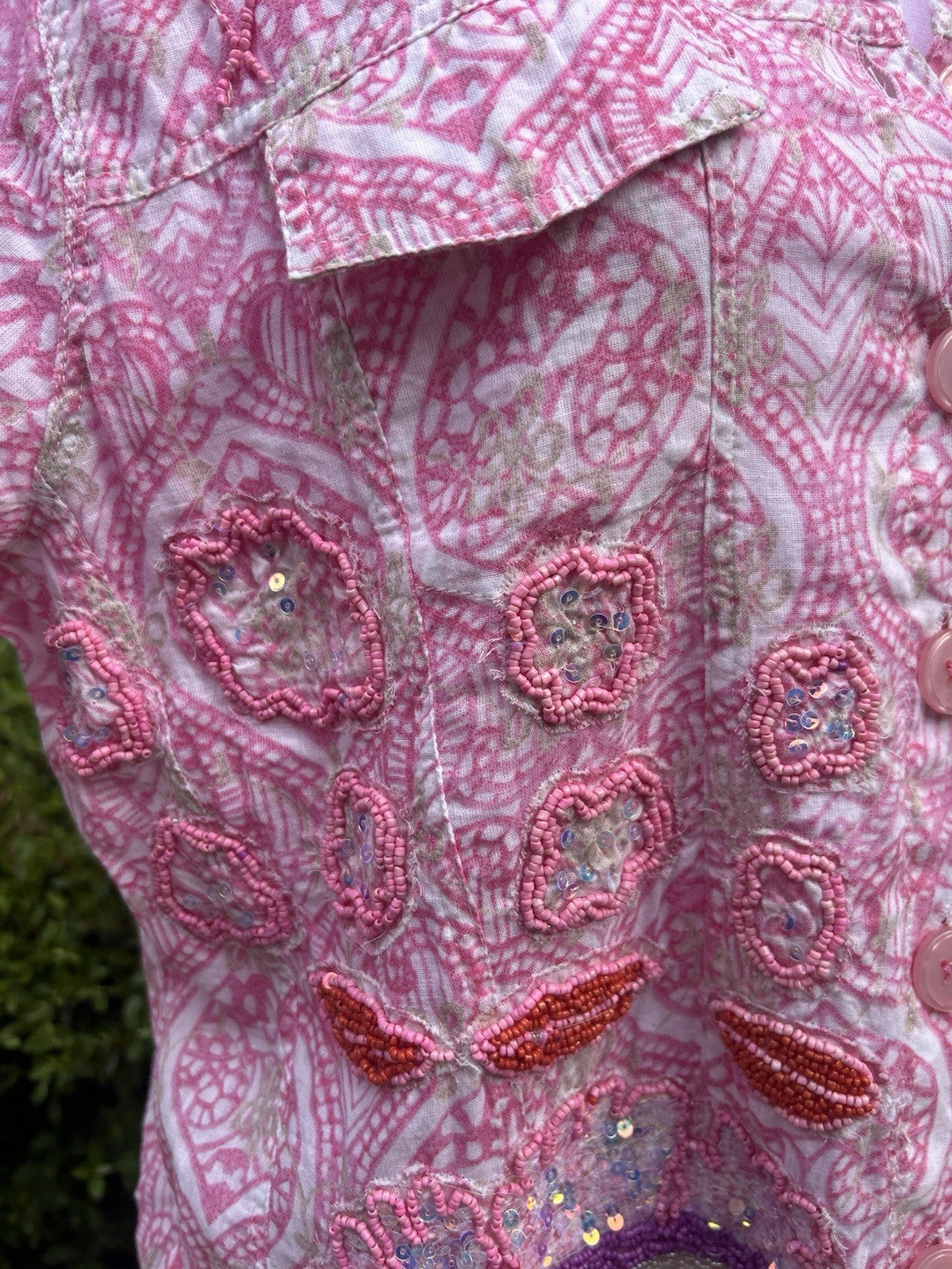 Antica Sartoria 2025 Pink White Print Antica Beaded Jacket Medium NWT