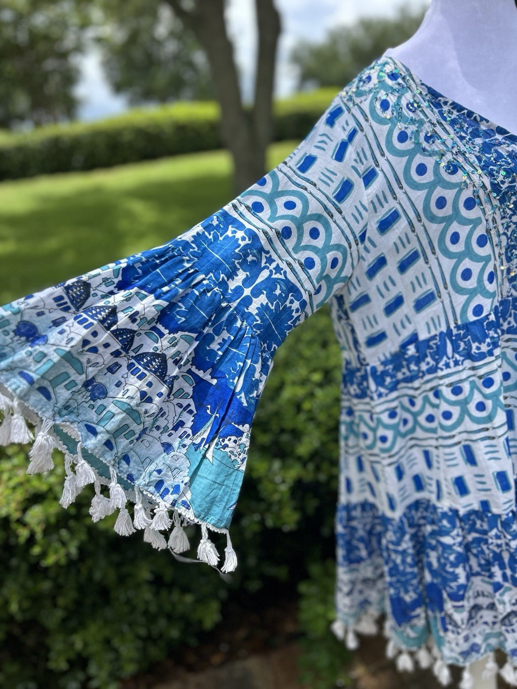 ANTICA SARTORIA 2024 BLUE & WHITE TRULLI HOUSES SHORT DRESS NWT O/S