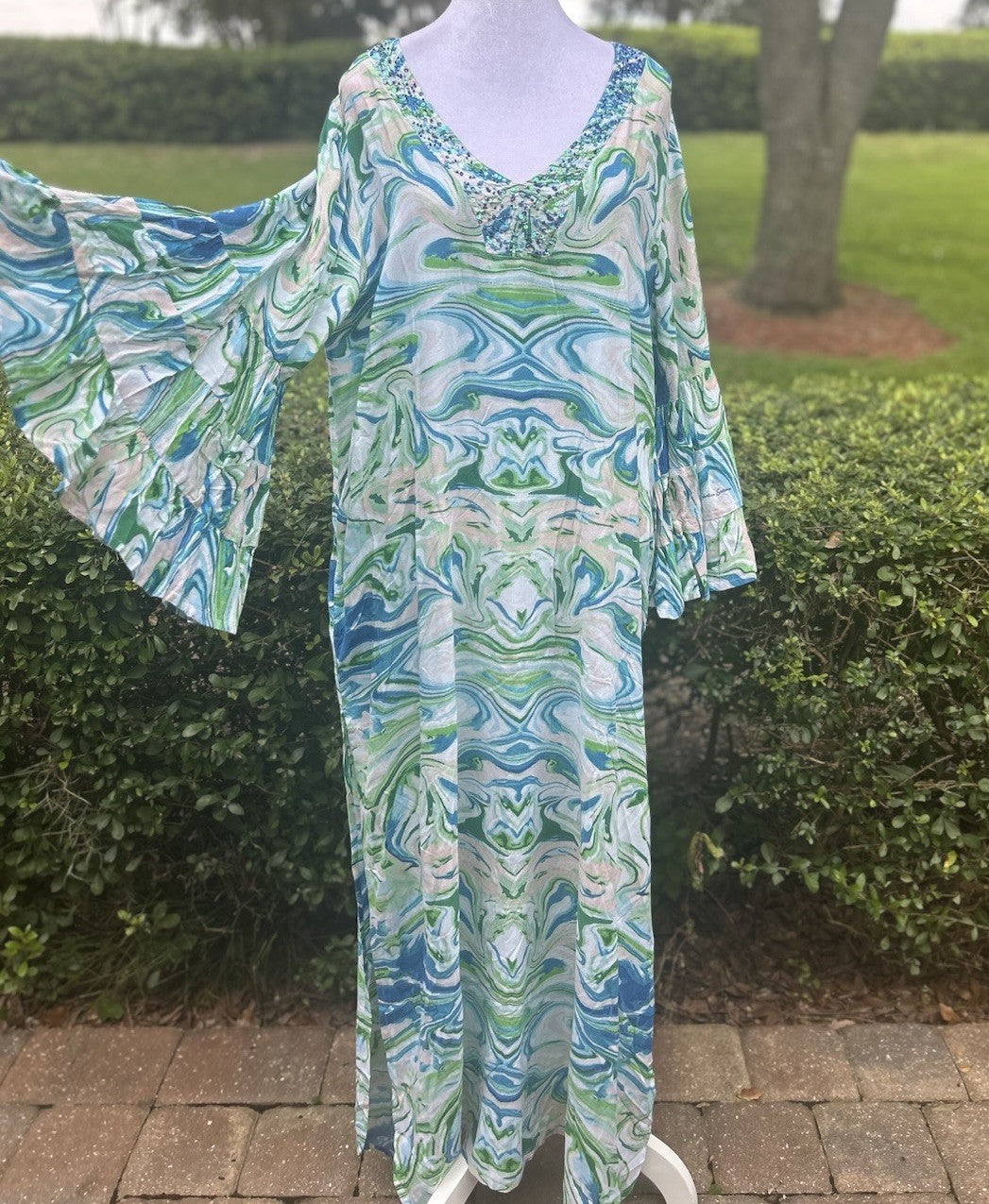Antica Sartoria 2024 Blue Green White Swirl V Neck Beaded Kaftan Dress Nwt S/M