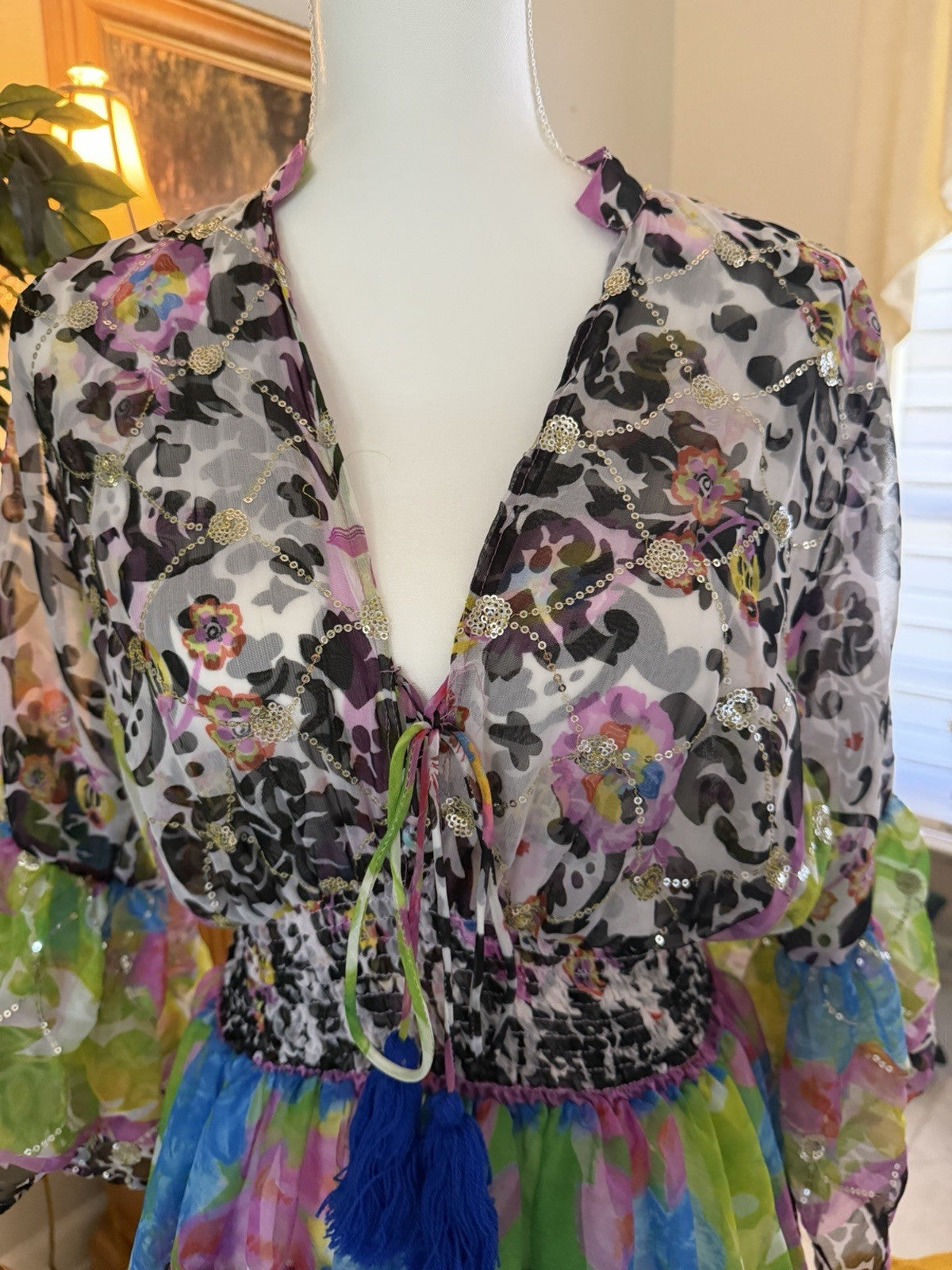 Antica Sartoria Fun Print Green Pink High Low Chiffon Dress O/S
