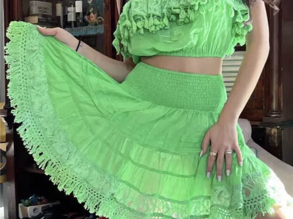 Antica Sartoria 2023 Green Skirt With Lace  And Midi Top With Pompom NWT O/S